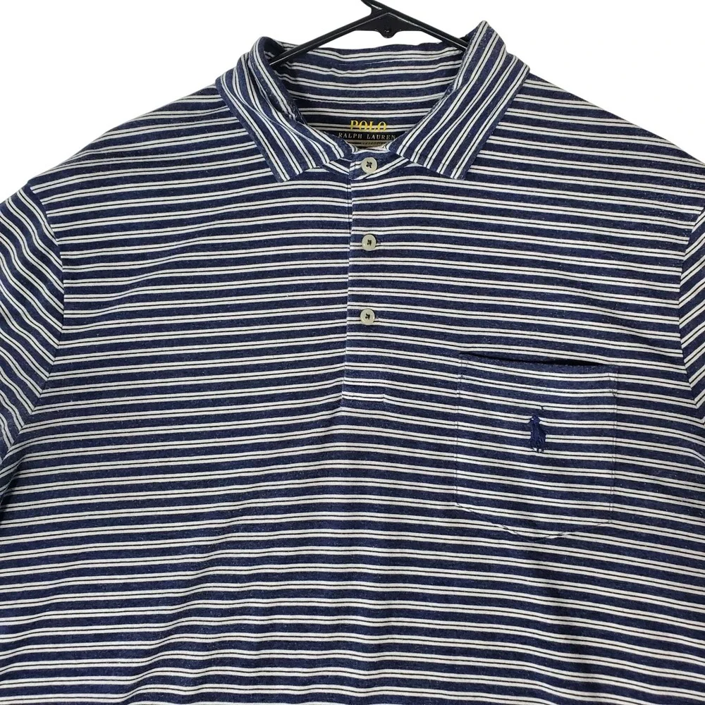 Polo Ralph Lauren Performance Mens Large Navy Blue Striped Pocket Polo Shirt